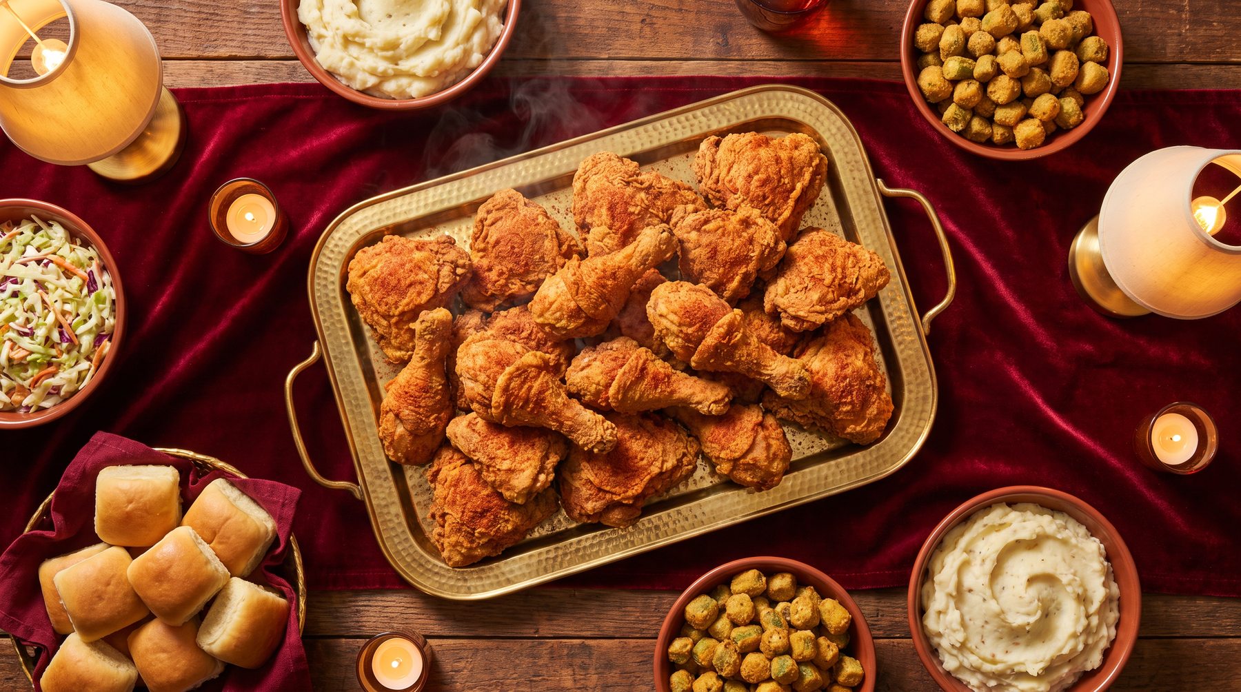 A family feast spread of fried chicken, sides, and rolls on a crimson tablecloth